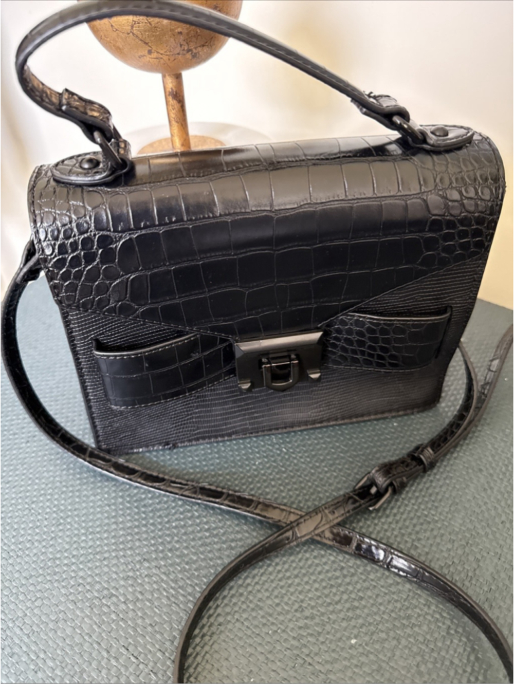 ALDO Black Croc Embossed Satchel Top Handle Crossbody Bag - Picture 3 of 3